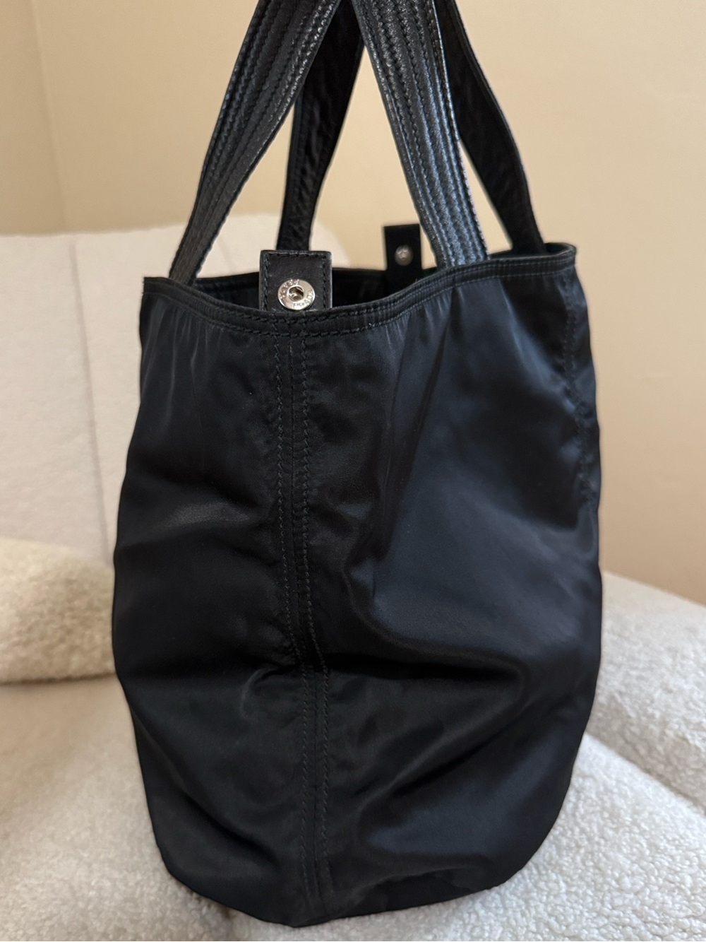 Vintage Prada Triangle Logo Tessuto Nylon Tote with Leather Handles Black - Picture 2 of 9